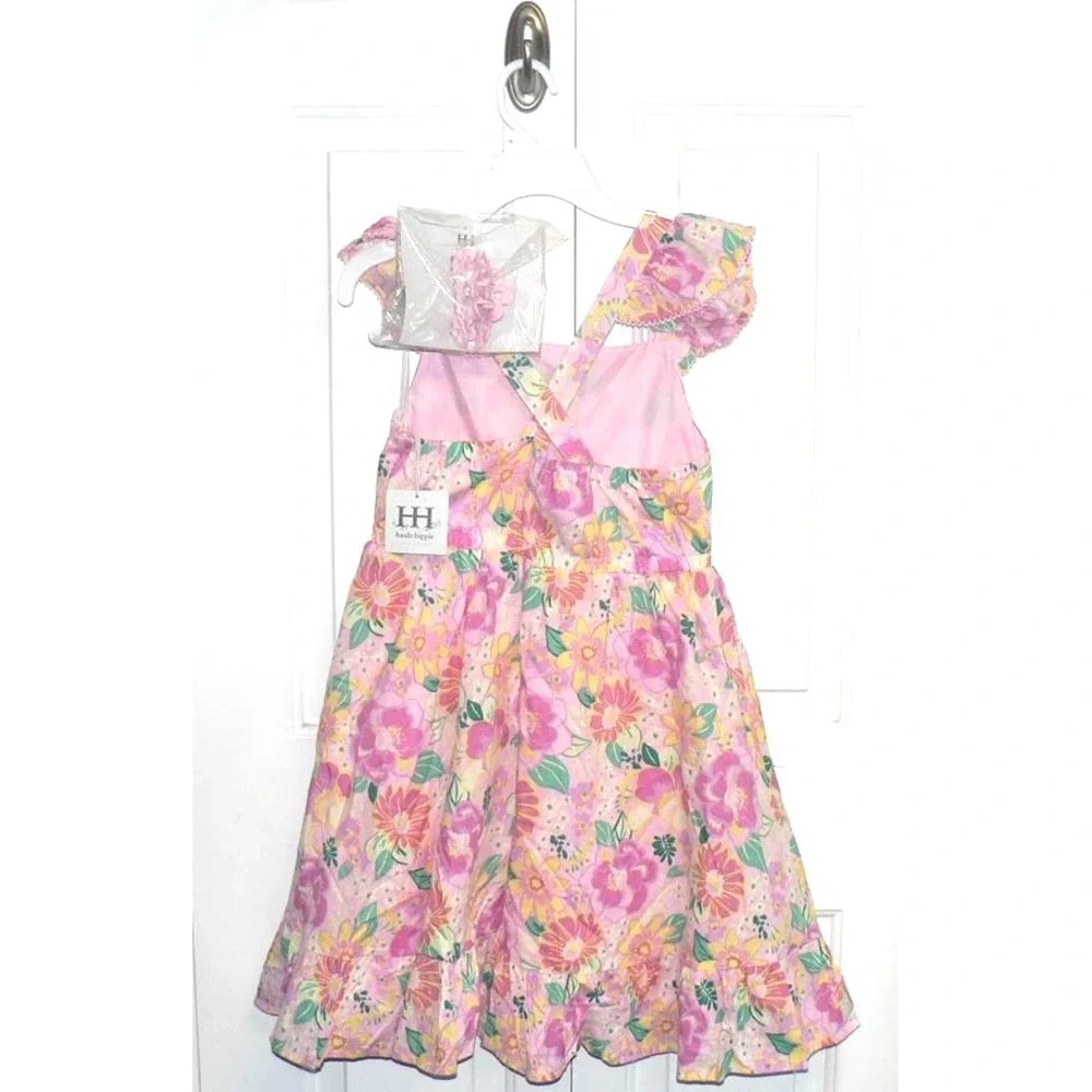 Haute Hippie Girls Square Neck Flutter Sleeve Floral Print Dress‎ & Hair Clip 12
